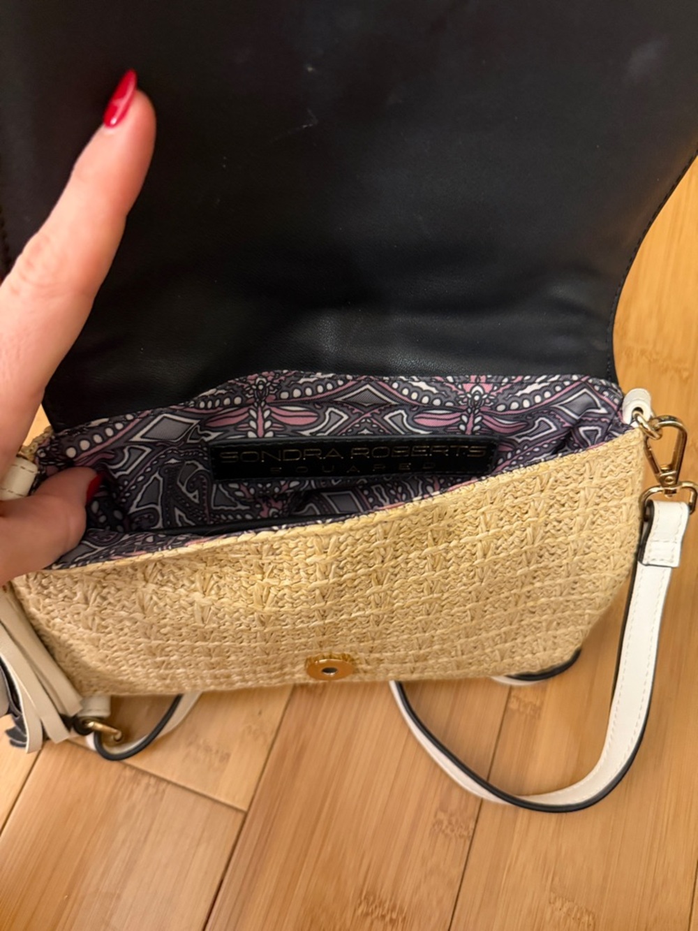 Sondra Roberts Natural Straw Crossbody with Black & White Trim - Picture 3 of 4